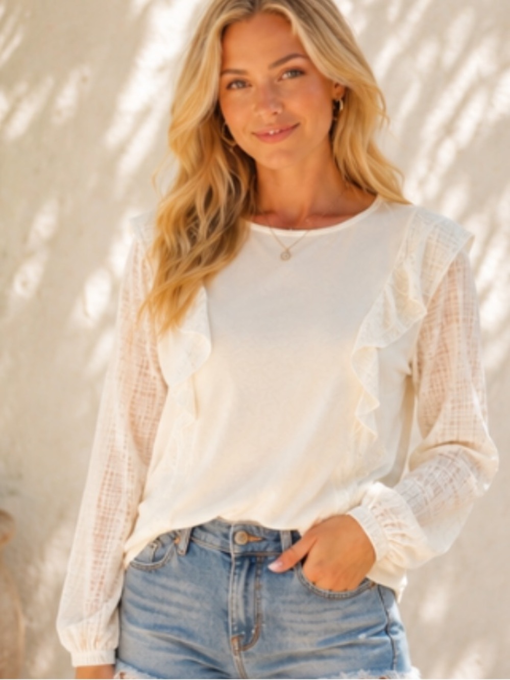 J.Crew Womens Ivory Ruffle Long Sleeve Top Size Large Cottagecore Romantic